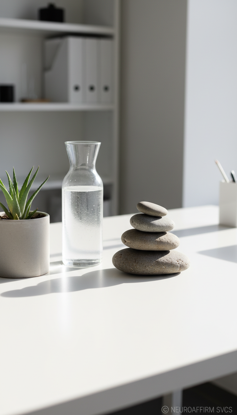 A serene arrangement of smooth river stones stacked in a balanced tower on a matte white desktop, beside a frosted glass water carafe and minimalist grey ceramic planter holding a thriving green succulent. The setting is a tranquil, organized workspace with clean lines and uncluttered surfaces, illuminated by soft, diffused daylight streaming in from an unseen large window. The gentle natural light creates subtle highlights on the stones and glass, with delicate shadows falling across the white surface. The composition uses a slightly elevated angle and centered framing, evoking a sense of calm, grounded focus. The photographic realism and corporate, clean aesthetic convey a professional, inviting atmosphere, reflecting clarity and balance supported by NEUROAFFIRM SVCS.